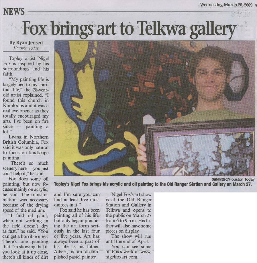 Houston Today Article, March 25, 2009, 'Fox brings art to Telkwa'